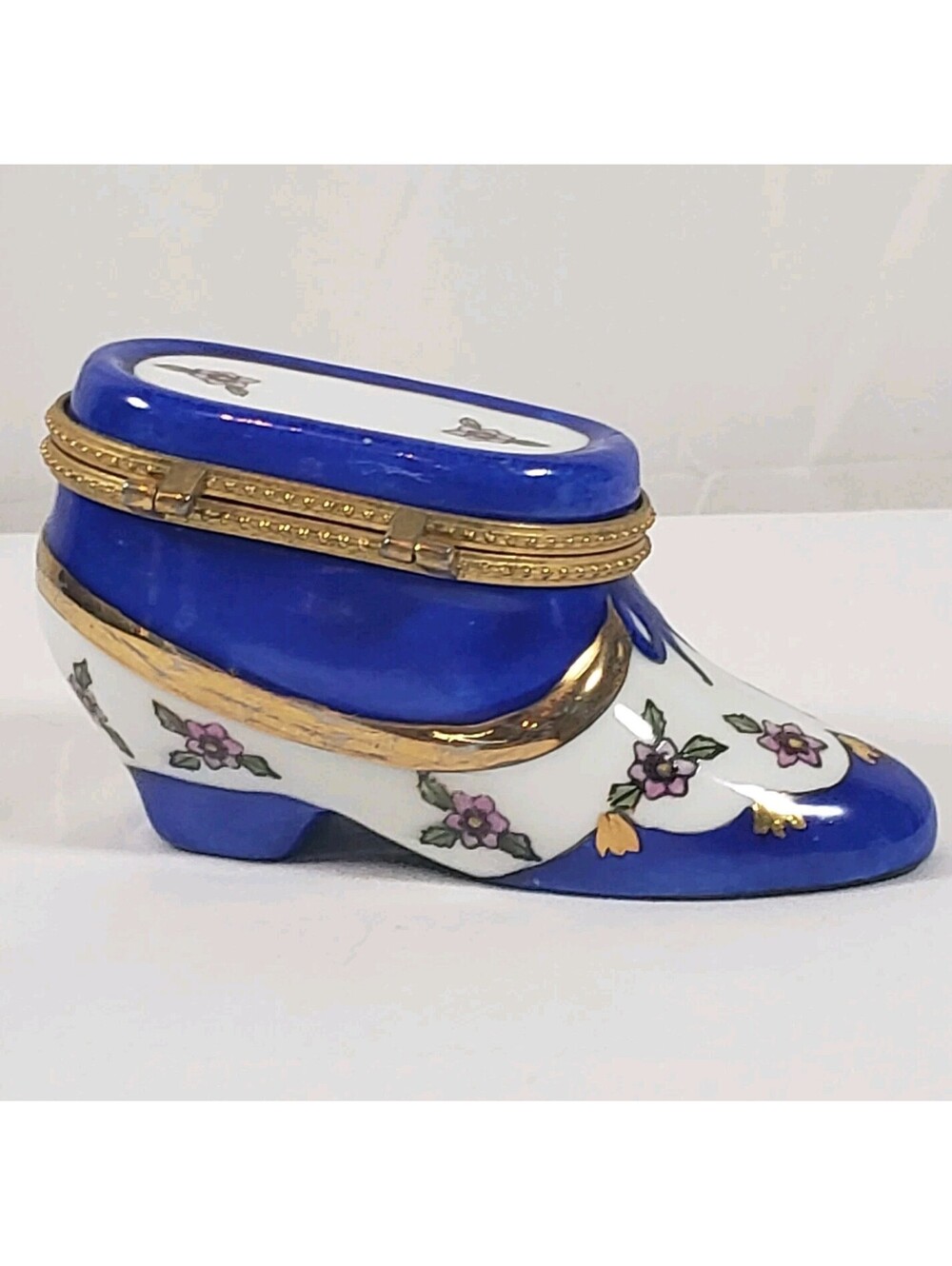 Porcelain Shoe Trinket Box Cobalt Blue White Floral Gold Hinged Jewelry Box 4"